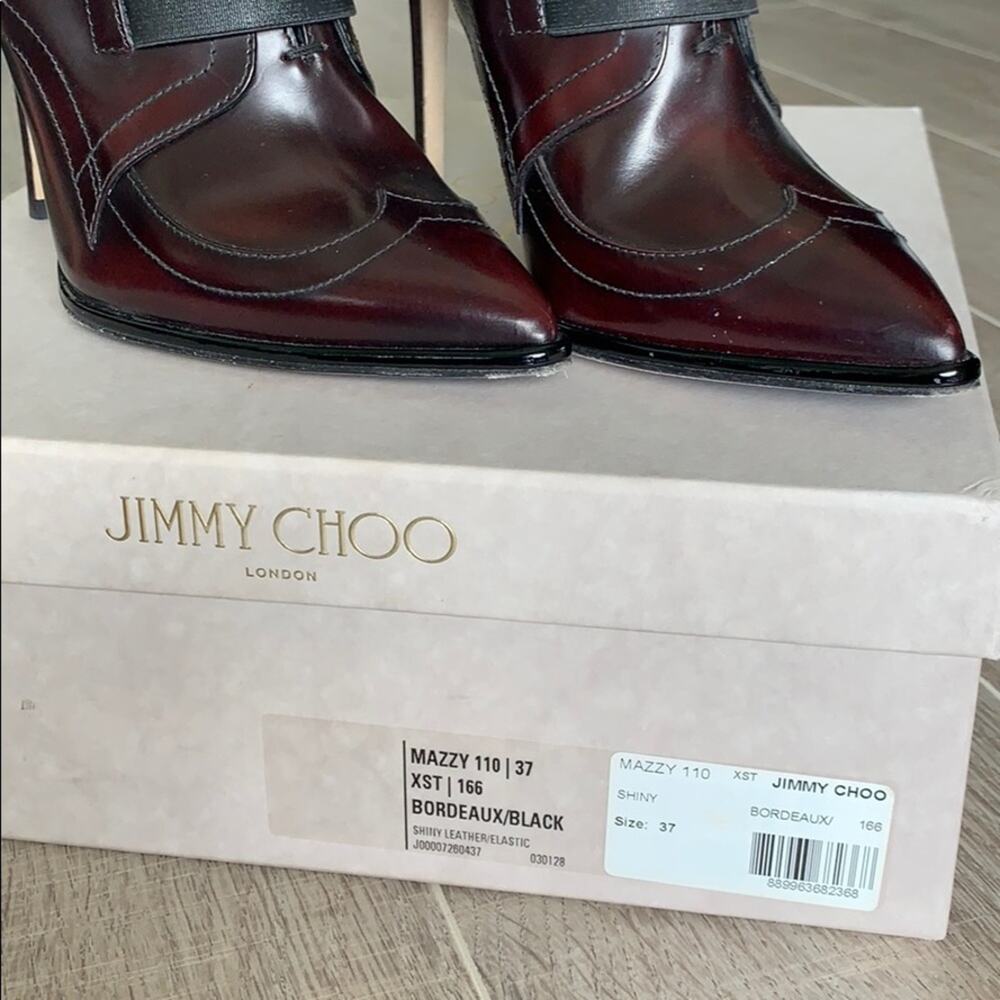 JIMMY CHOO Mazzy 110 Bordeaux Black Shiny Leather Booties Heels - Picture 6 of 8